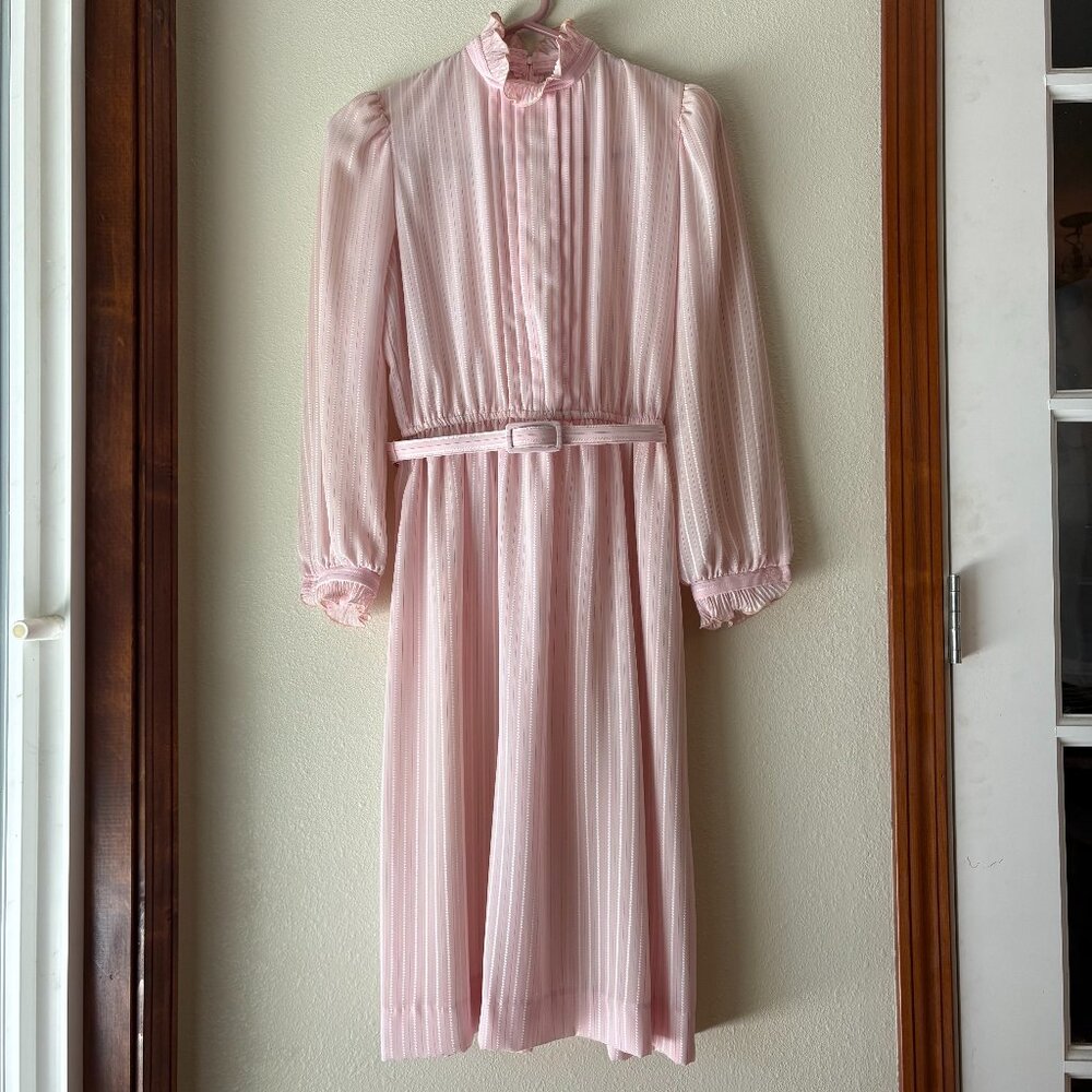 VTG 80s Lady Carol Pink Dress Ruffle Collar Sz XXS Stranger Things Robin Buckley